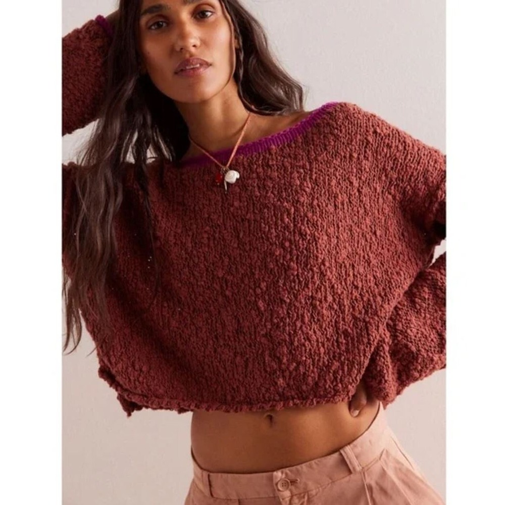 Free People sweater womens sz L Large OB1999016 brown pink cotton blend ladies
